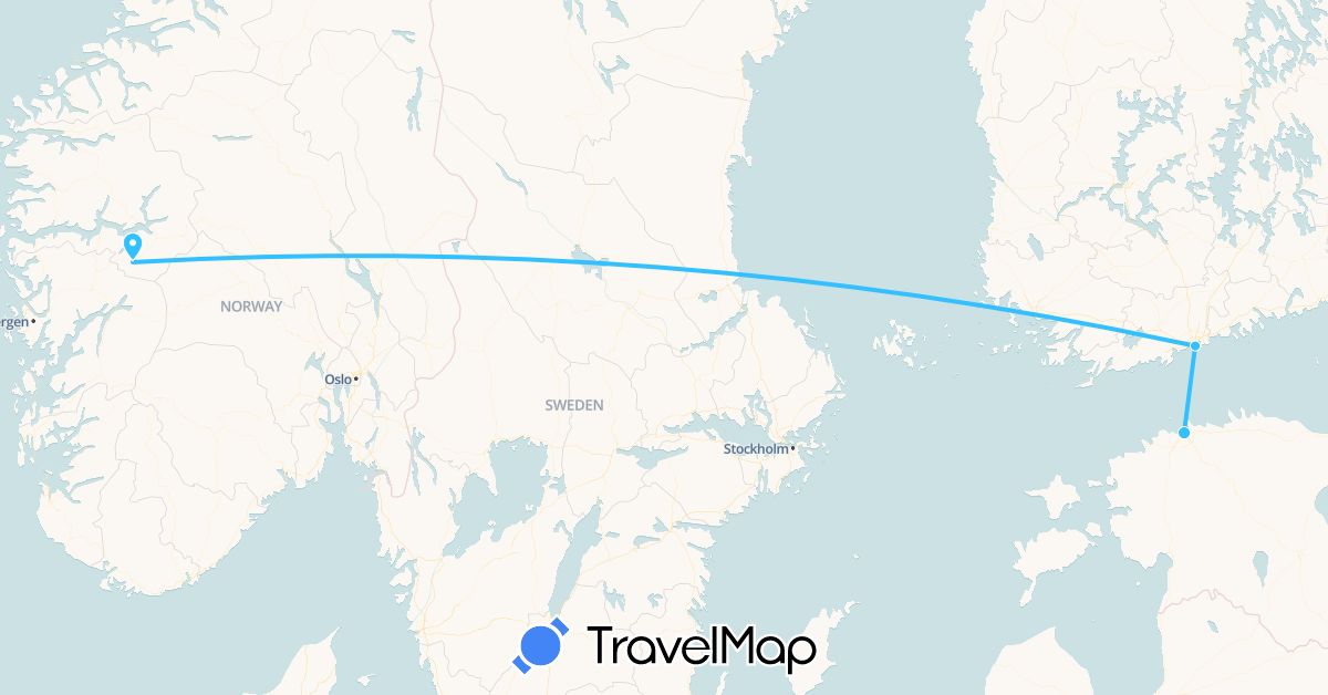TravelMap itinerary: driving, boat in Estonia, Finland, Norway (Europe)